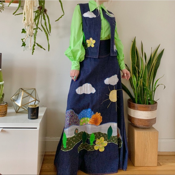 Vintage Dresses & Skirts - 70s hippie denim patchwork maxi skirt vest set